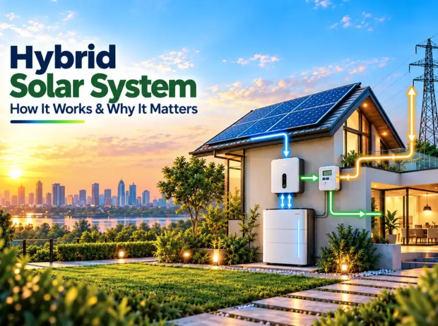 Hybrid solar system with solar panels, battery storage, inverter, and grid connection