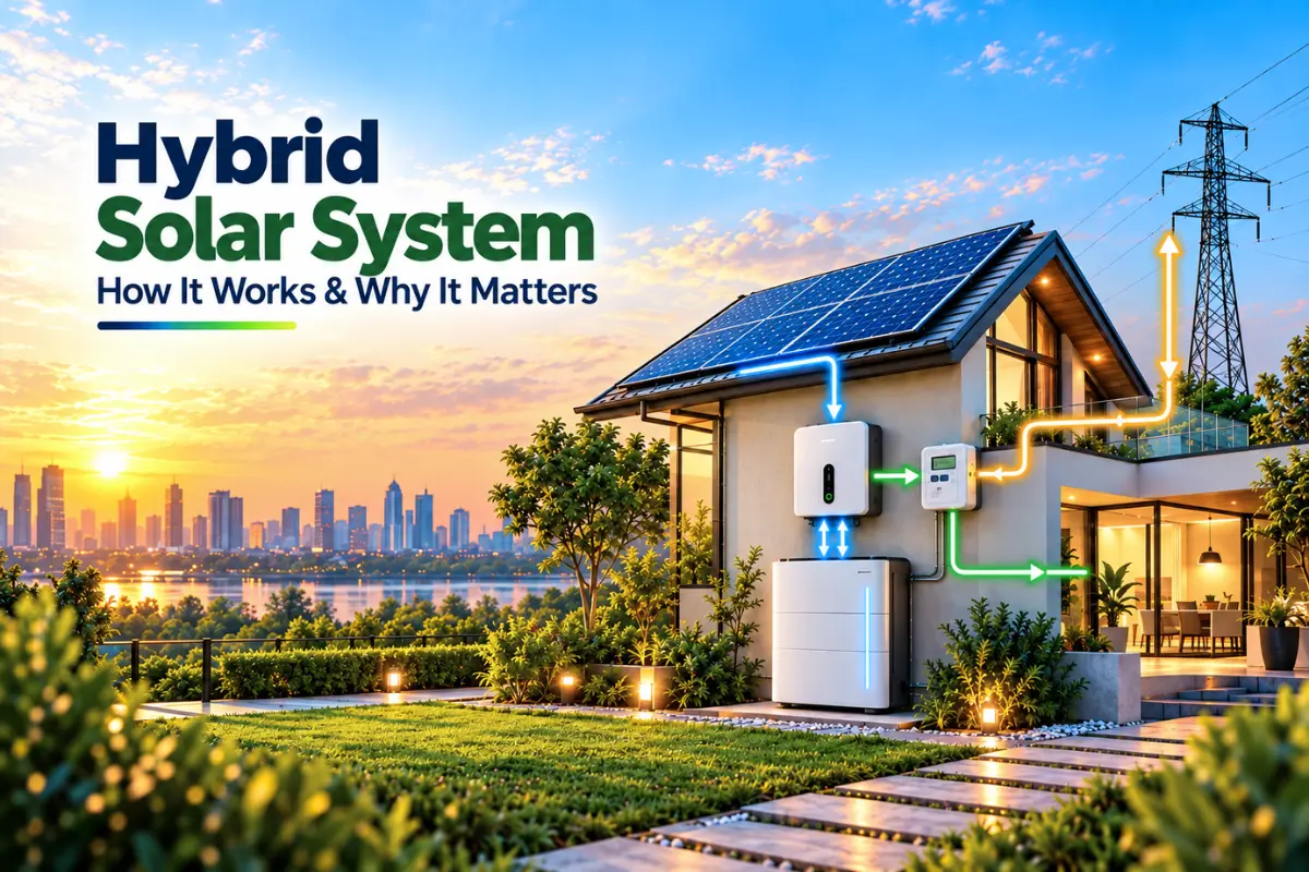 Hybrid solar system with solar panels, battery storage, inverter, and grid connection