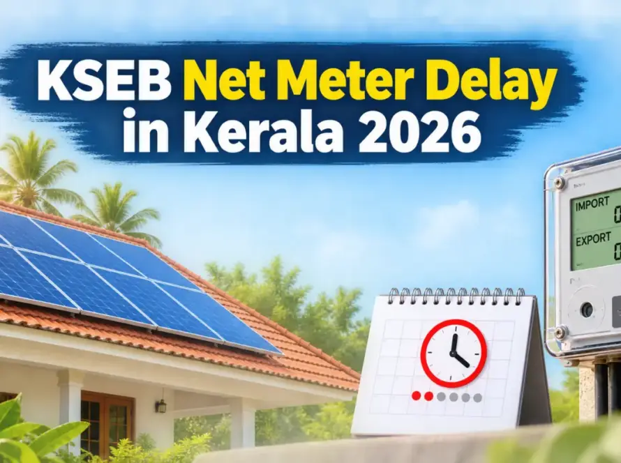 KSEB net meter delay in Kerala 2026 with rooftop solar panels, net meter, and waiting icon.