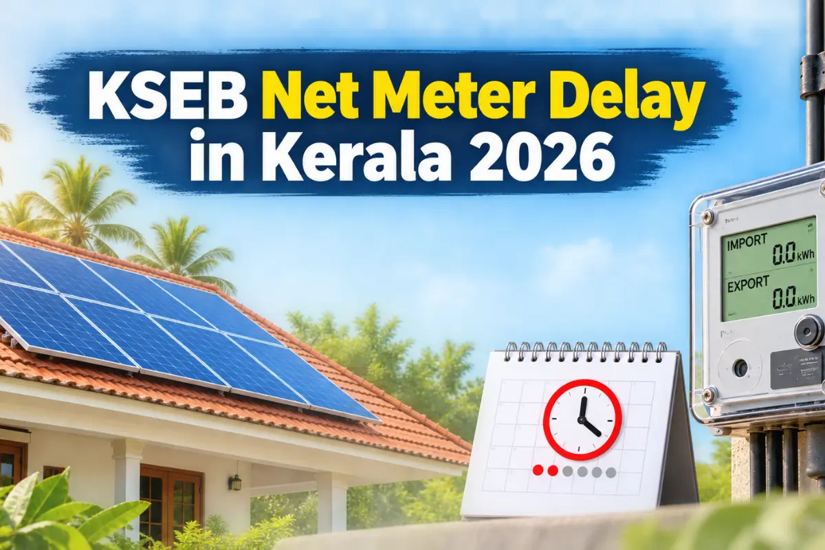KSEB net meter delay in Kerala 2026 with rooftop solar panels, net meter, and waiting icon.