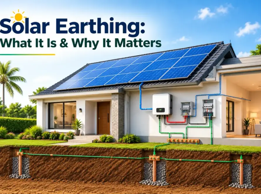 Solar earthing system showing rooftop solar panels, inverter, grounding cables, and underground earth rods