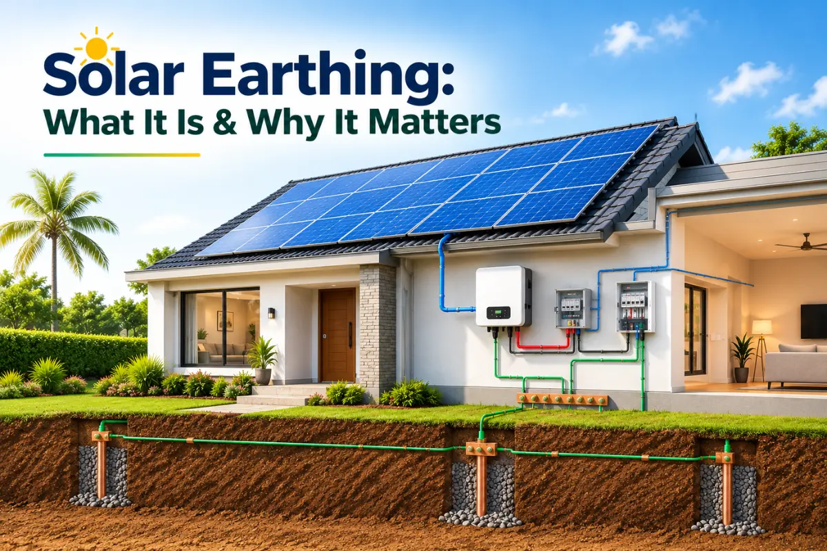 Solar earthing system showing rooftop solar panels, inverter, grounding cables, and underground earth rods