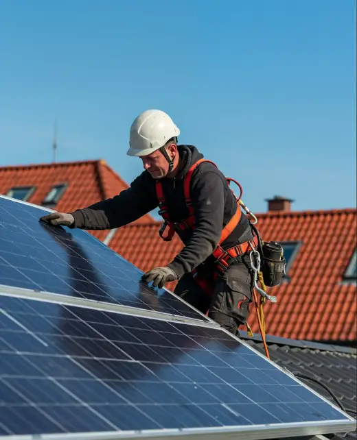 Solar technician installing photovoltaic panels on a residential rooftop in Kollam